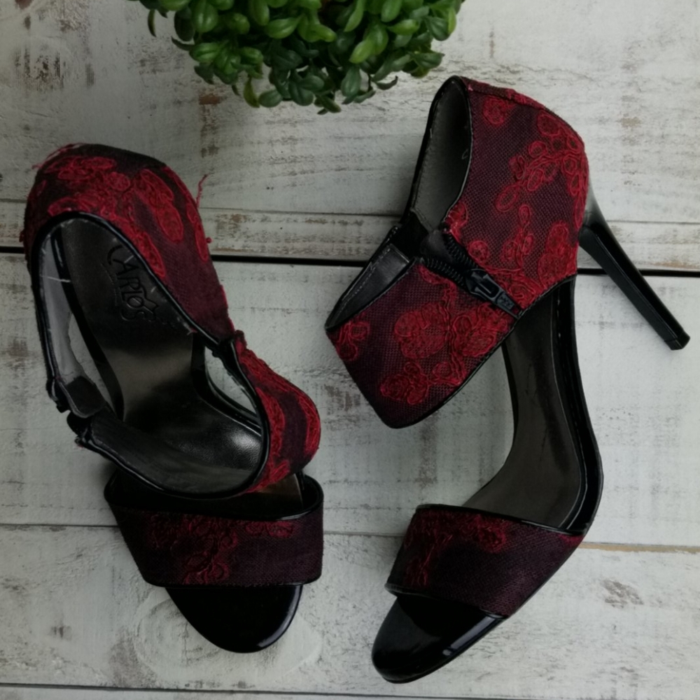 Carlos red and black floral pattern heels